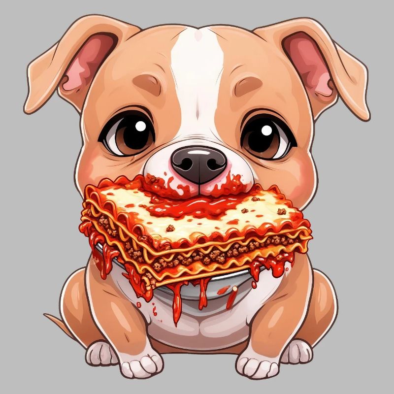 Mignon pitbull mangeant des lasagnes dessin animé