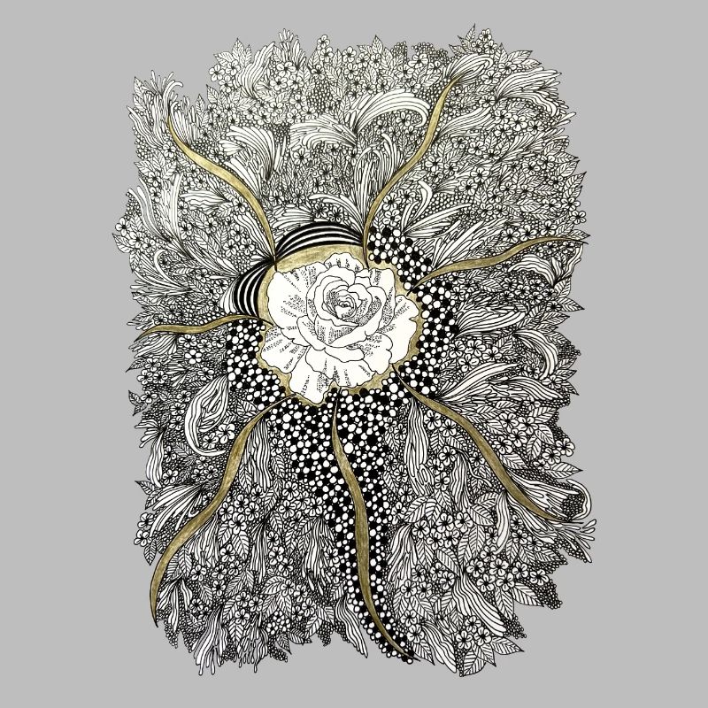 Mandala de fleurs dorées avec accent de rose