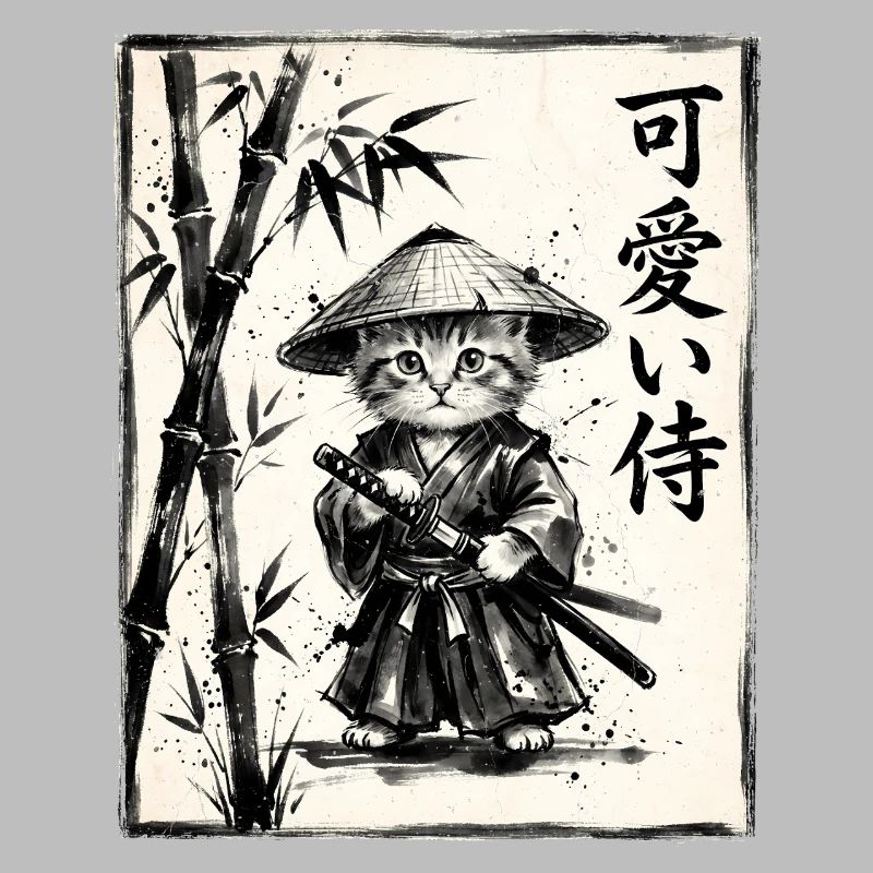 Samurai Cat Sumi-e Ink Drawing