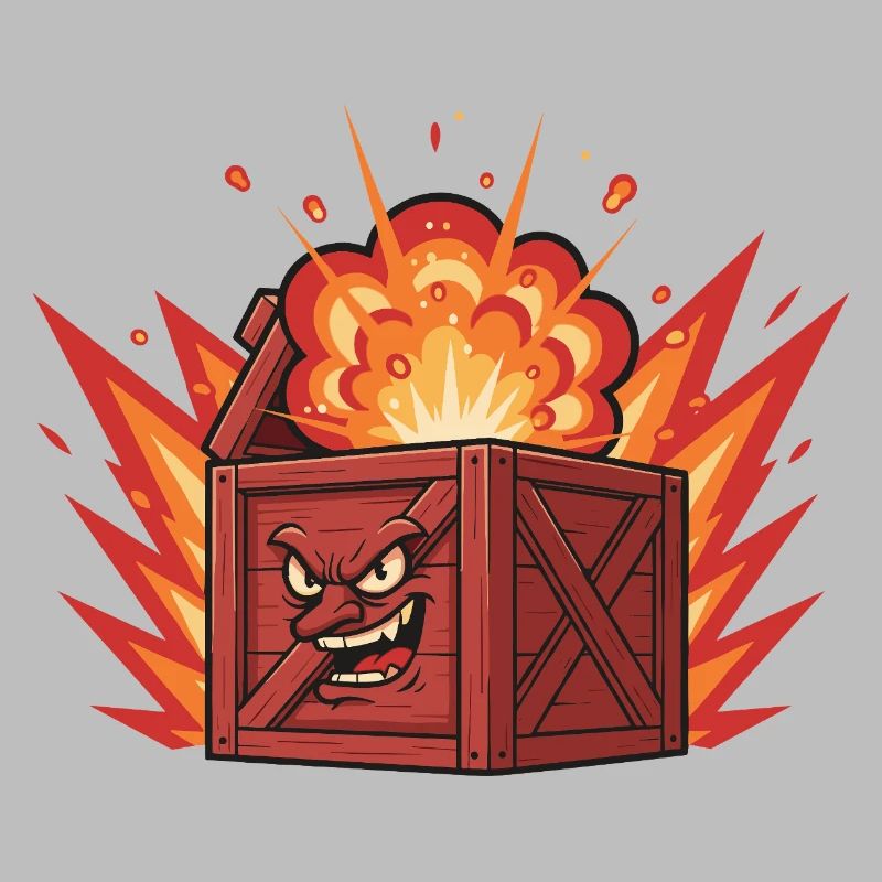 Exploding wooden box with a grim face