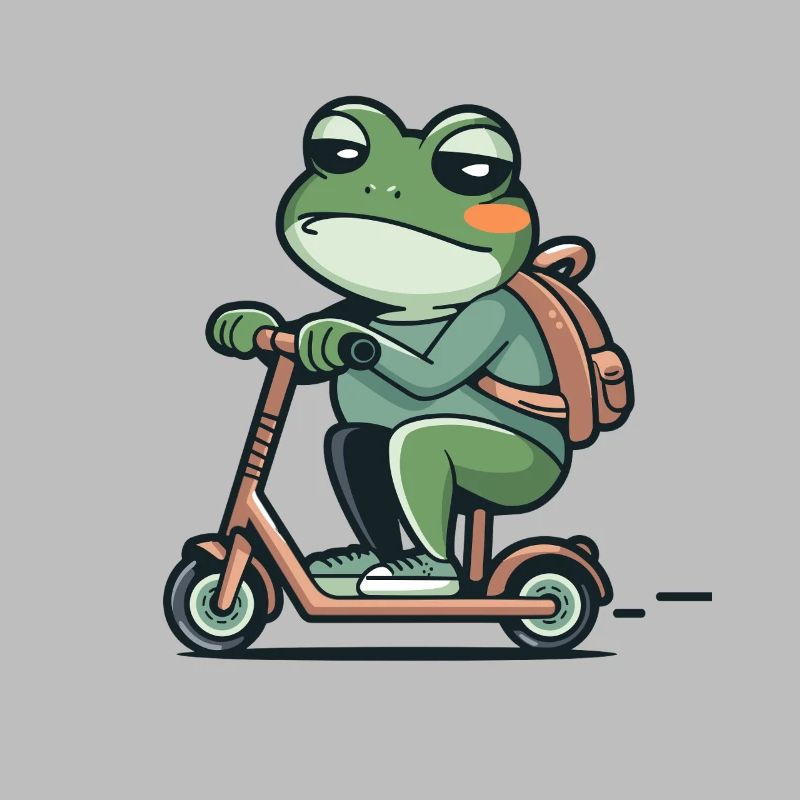 Cool frog with backpack on scooter to