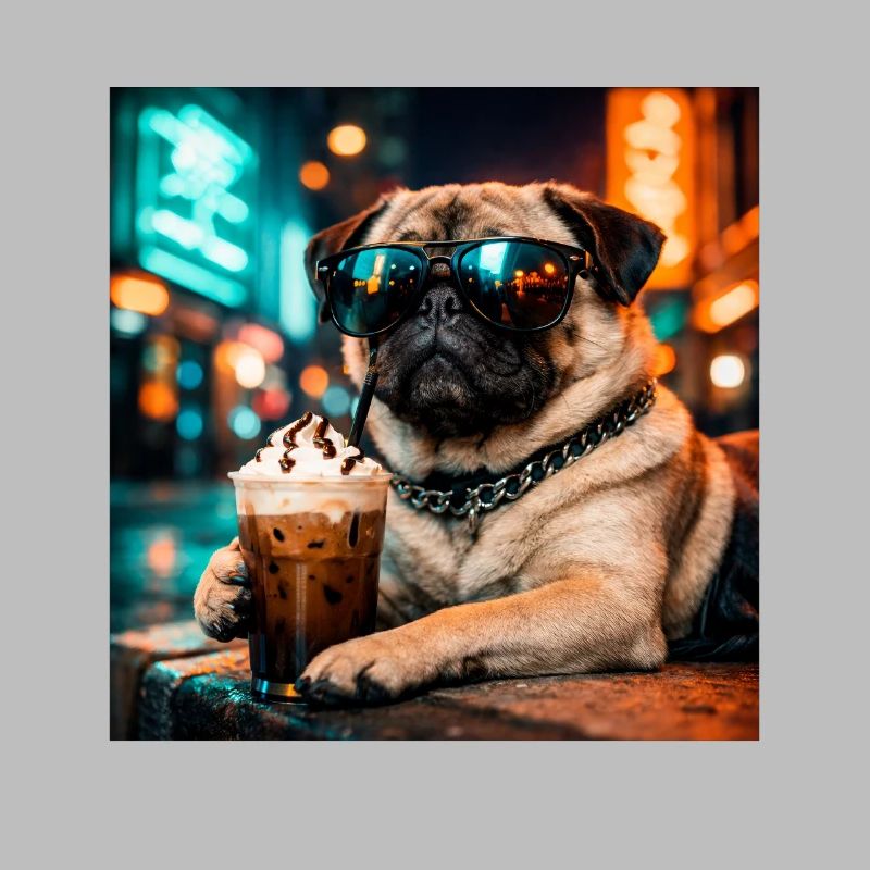 Lustiger Mops, der Eiskaffee trinkt, süßes Hunde-Meme