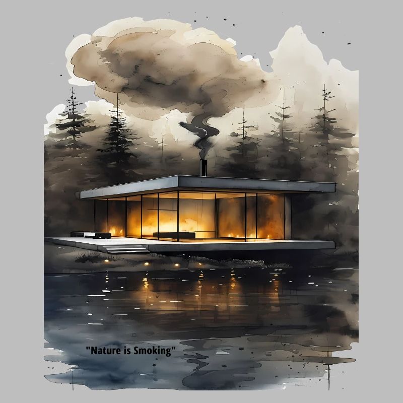 Cabane moderne éclairée par le feu sur le lac