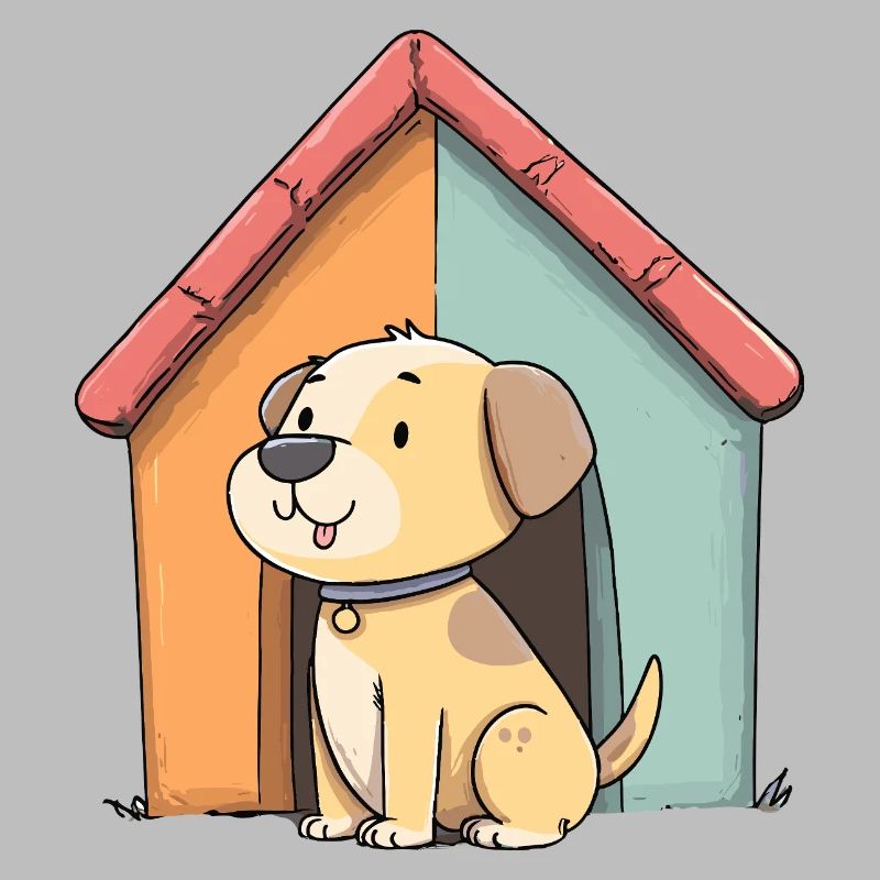 Chien câlin devant une maison colorée
