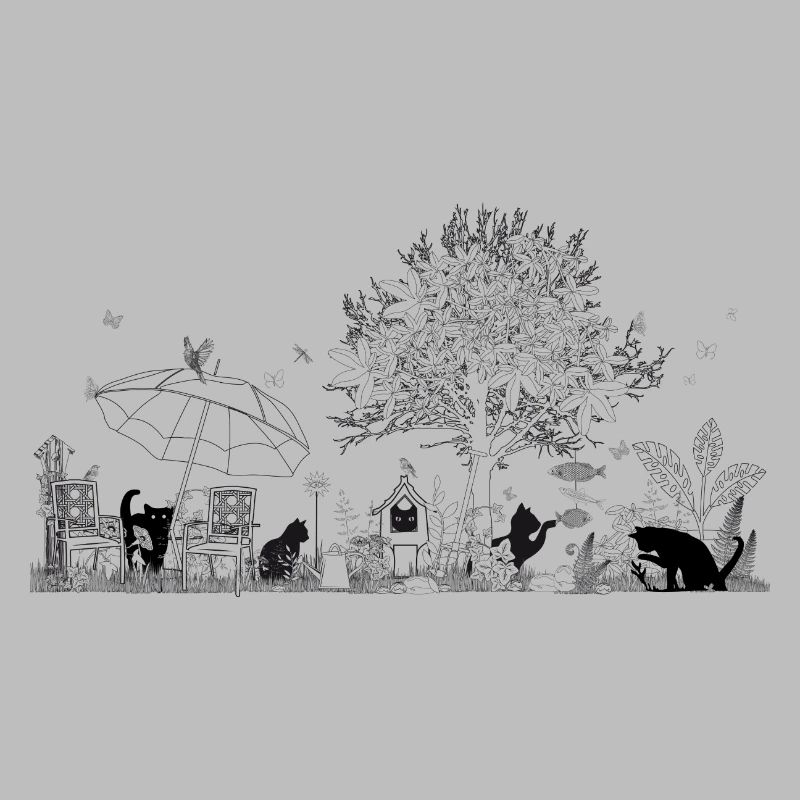 Zeichnung eines üppigen Gartens mit Katzen