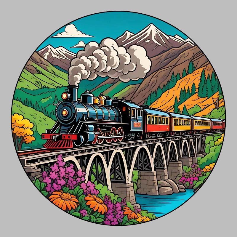 Bunter nostalgischer Eisenbahnzug mit Dampflok