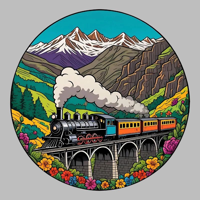 Bunter nostalgischer Eisenbahnzug mit Dampflok