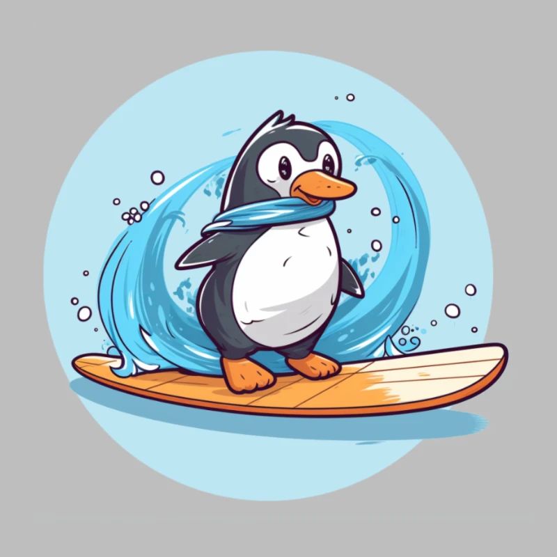 Pingouin surfeur mignon sur une planche de surf