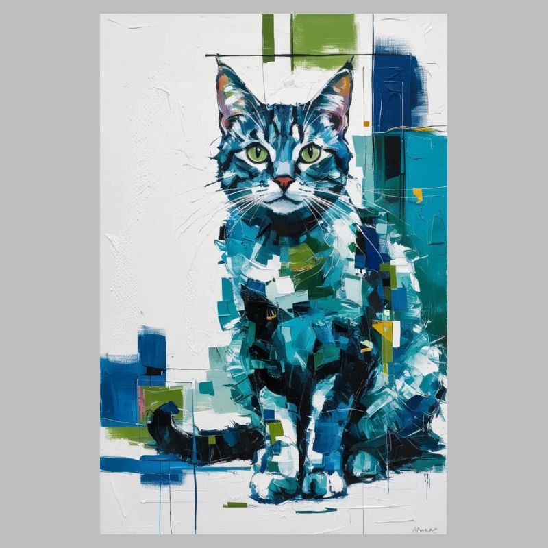 Chat abstrait en bleu vert / Numérique / Affiche #2