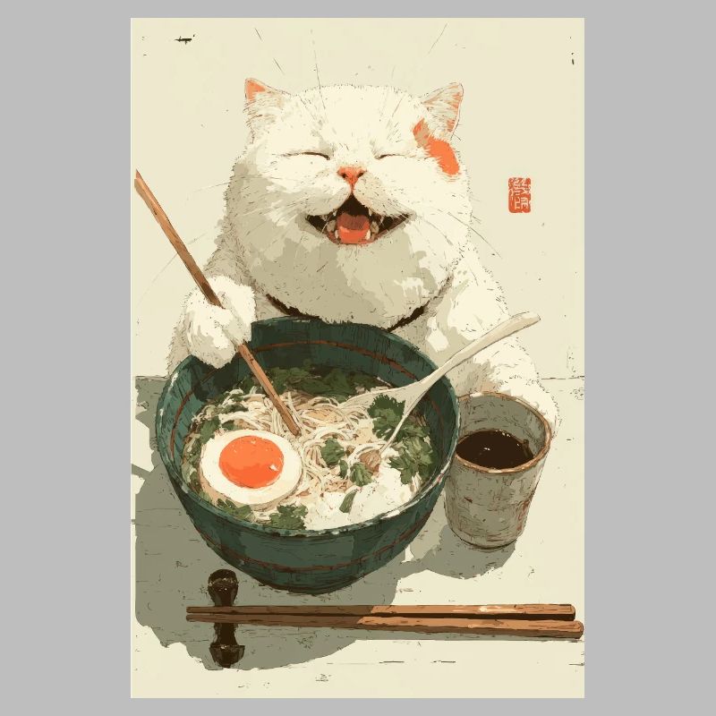 Chat blanc heureux mangeant des ramen