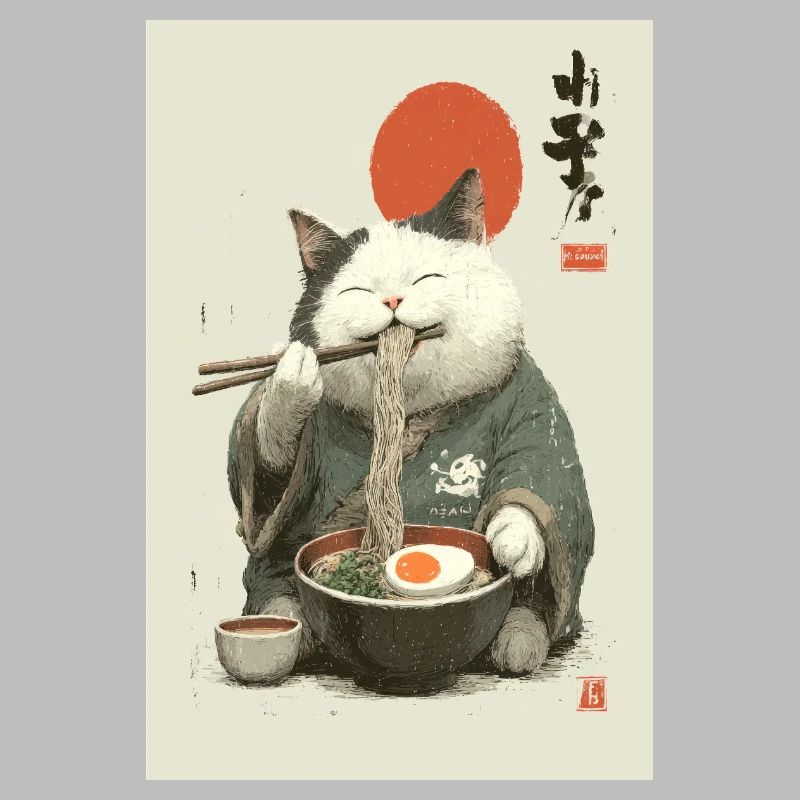 Samurai-Katze schlürft Ramen
