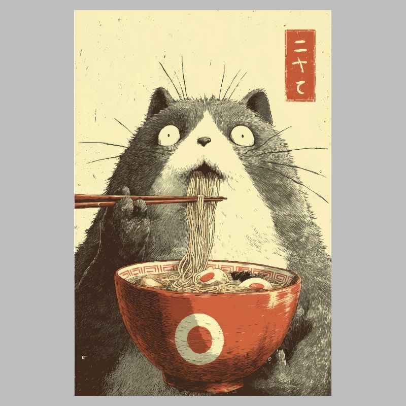 Chat choqué mangeant des ramen