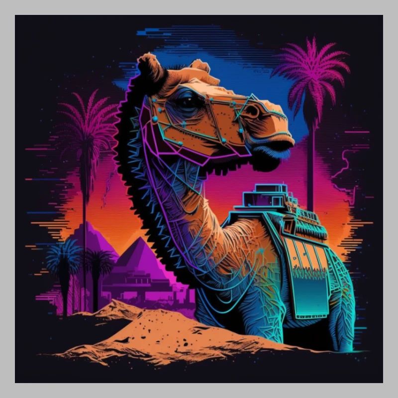 Kamel mit Neonfarben, Synthwave / 80er Jahre