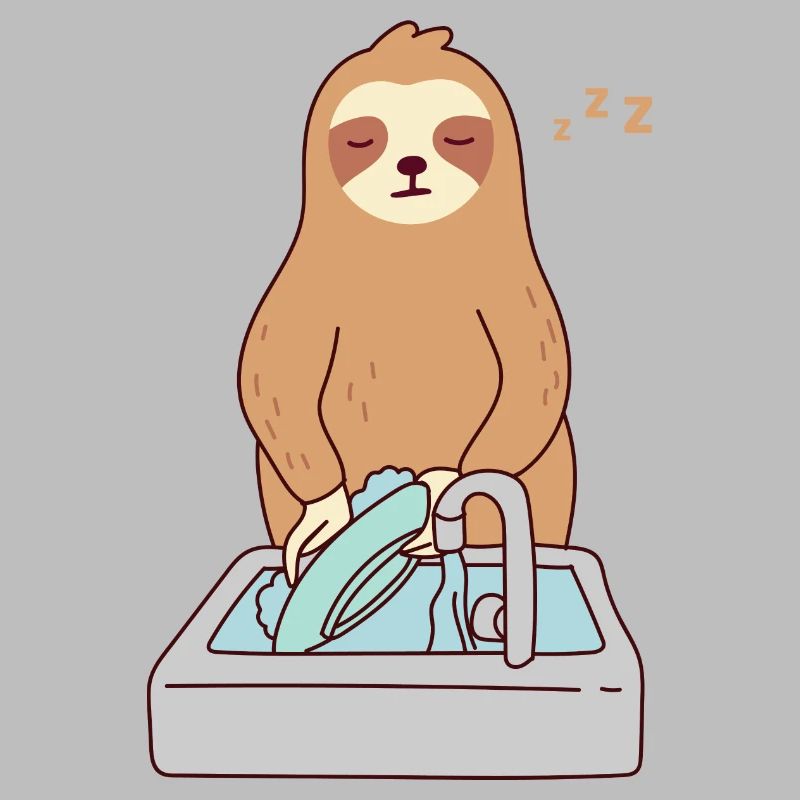 Cute Sloth Dishwashing Sleeping Tired Lazy