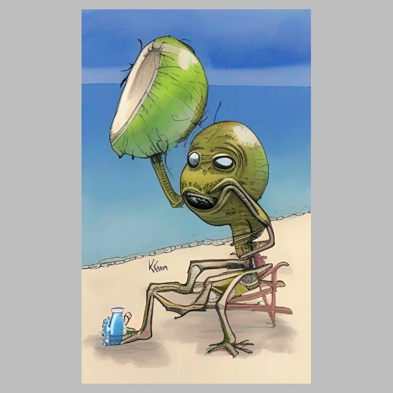 Crazy Comic Alien sur une plage avec un espace cocotier
