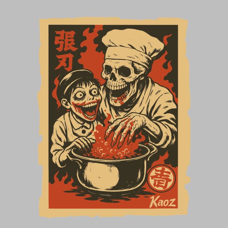 Skeleton chef with assistant and cooking pot