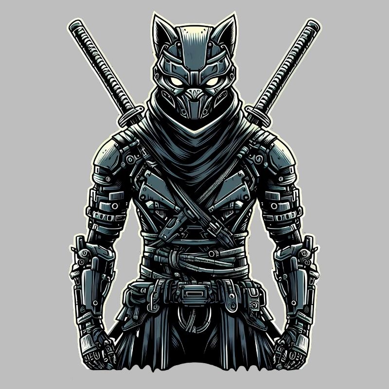 Ninja Cyborg Katze mit Schwertern