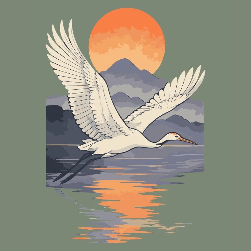 Crane Flying at Sunset Reflection