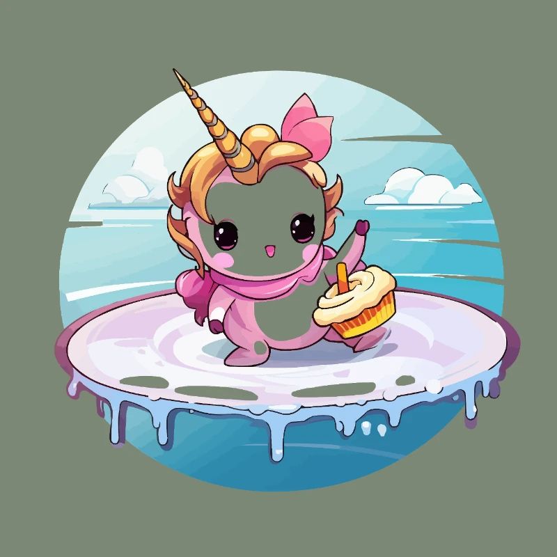 Licorne sur une planche de surf avec cupcake