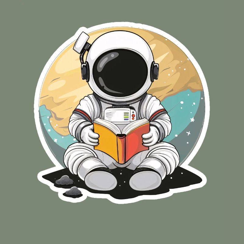Astronaute dans l’espace devant une planète lisant un livre
