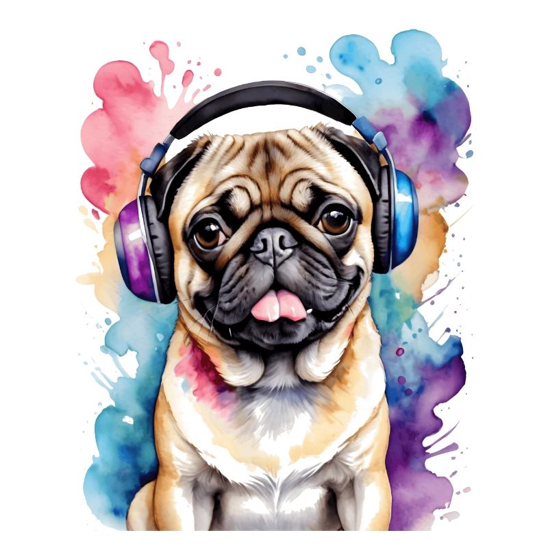 Mops Kopfhörer Hund Bunt Lustig Tier Design Print