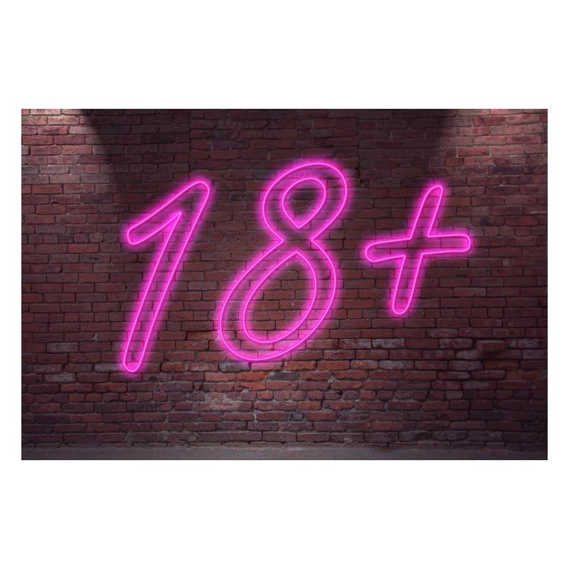 Neon age restrictions 18 + lettering on Brick Wall
