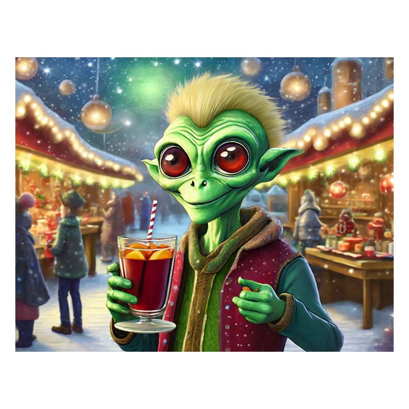extraterrestre boit du vin chaud à Noël