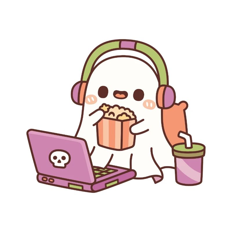 Fantôme mignon avec du pop-corn et regardant des films effrayants