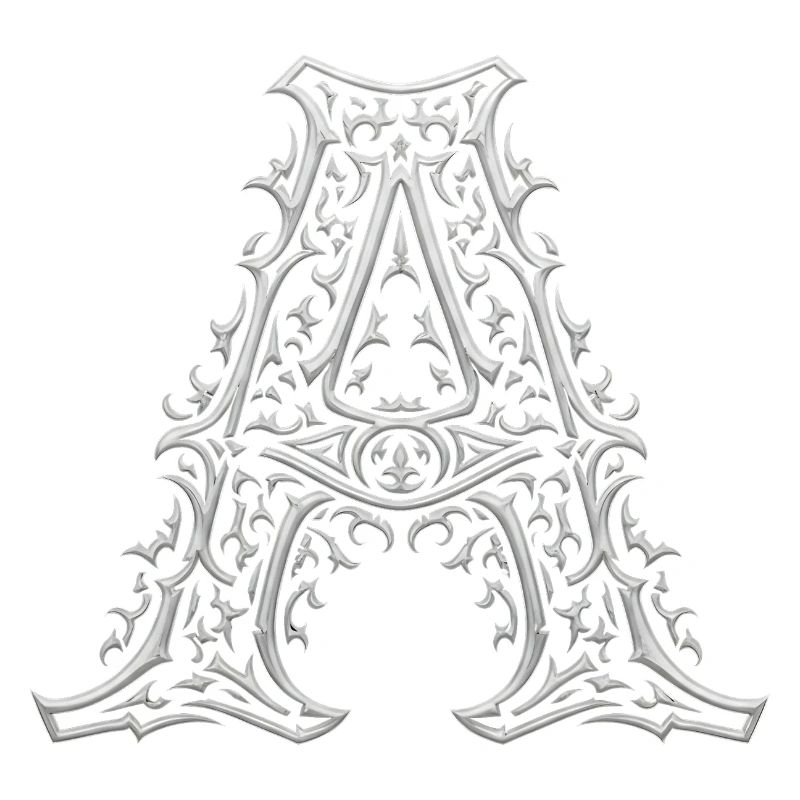 Lettre A ornée d'arabesques argentées