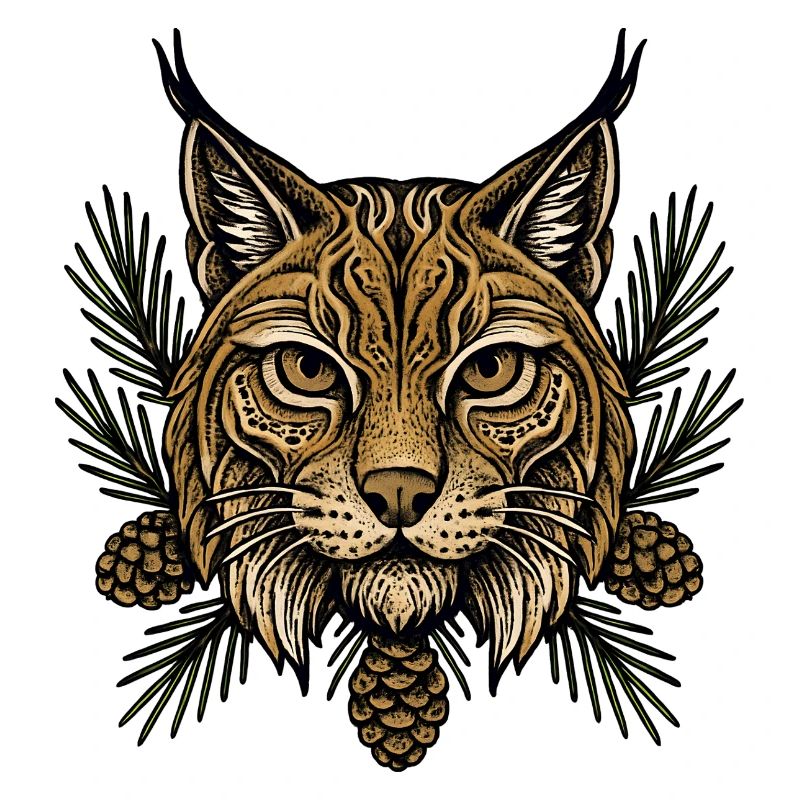 Tête de lynx avec branches de sapin