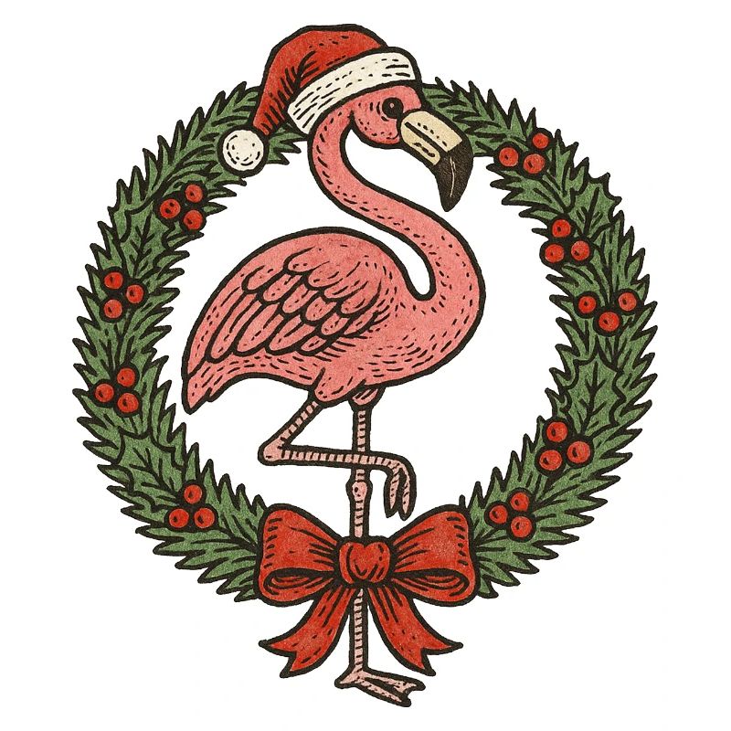 Festlicher Flamingo mit Weihnachtskranz