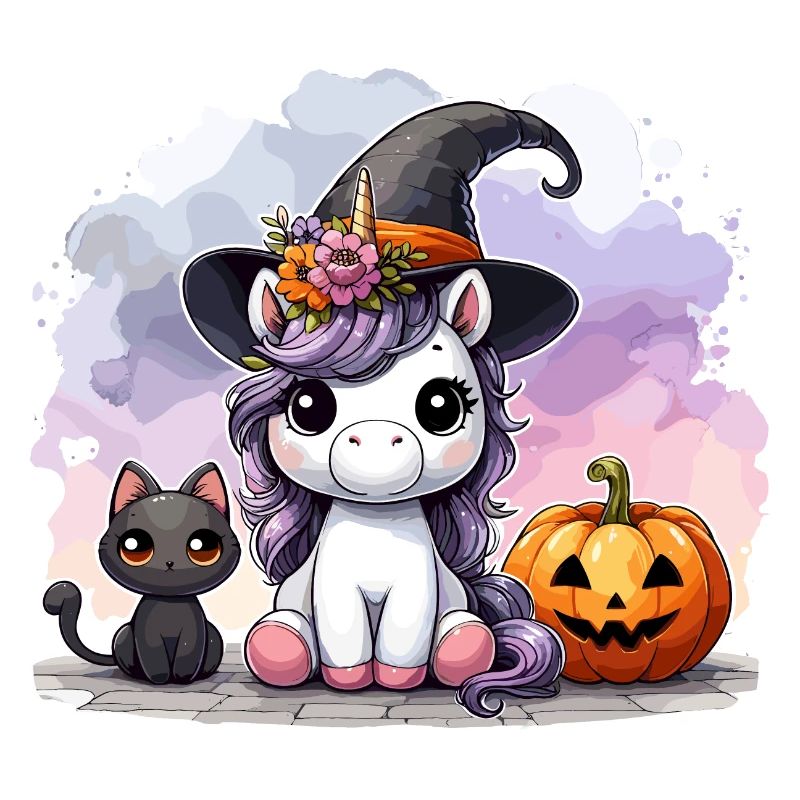 Halloween Einhorn Hexenhut Katze Niedlich Kürbis