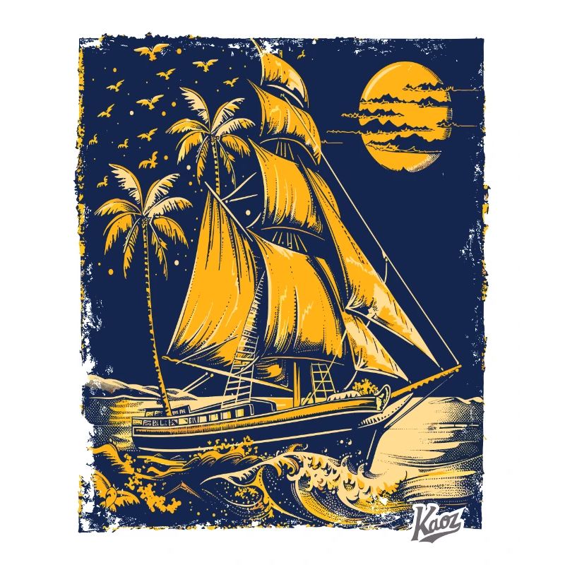 Blue and yellow sailing ship