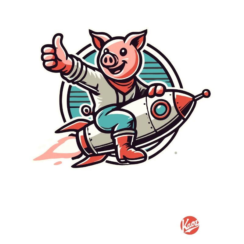Pouce levé, un cochon sur une fusée