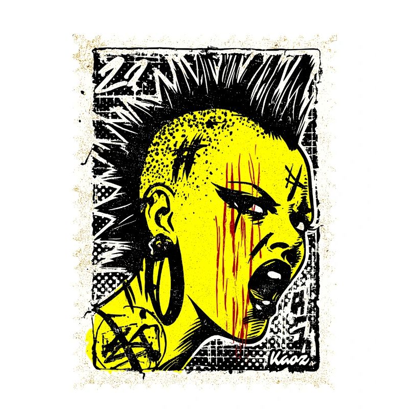 Femme punk sauvage avec mohawk et colère sur timbre-poste