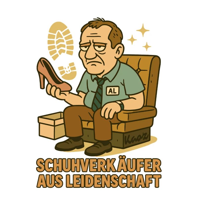 Schuhverkäufer Comicmotiv mit Al auf Sofa