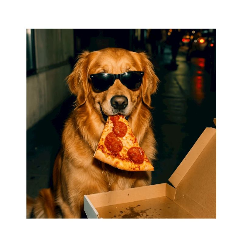 Mème drôle de chien Golden Retriever mangeant de la pizza