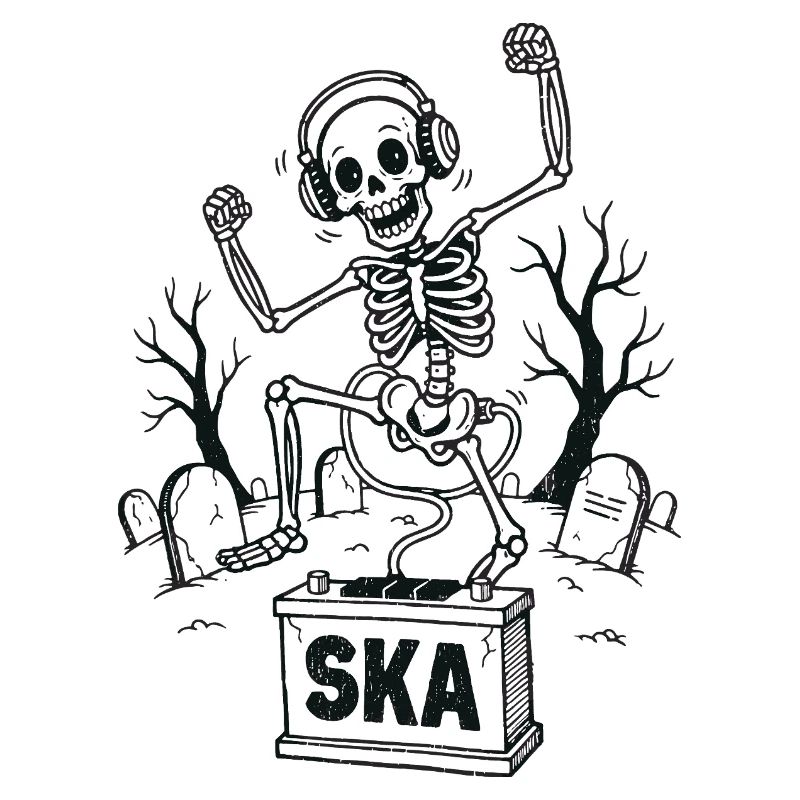 Dancing ska skeleton in the cemetery