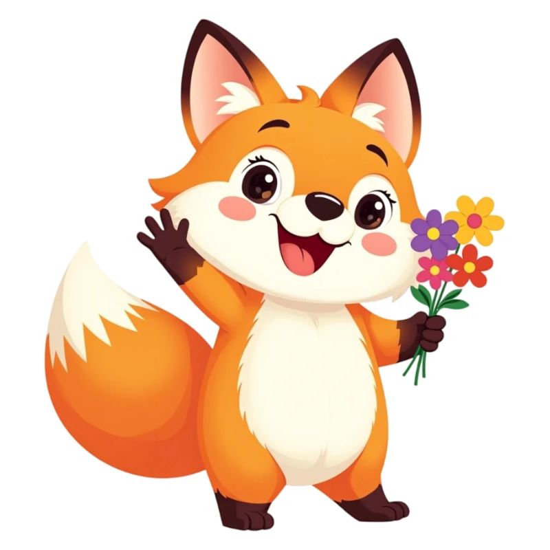 Renard de dessin animé joyeux avec bouquet de fleurs