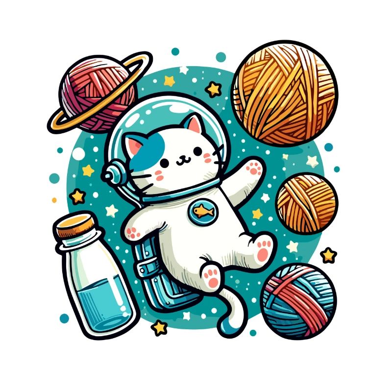 Mignon astronaute de l’espace Kitty au milieu des planètes de fil