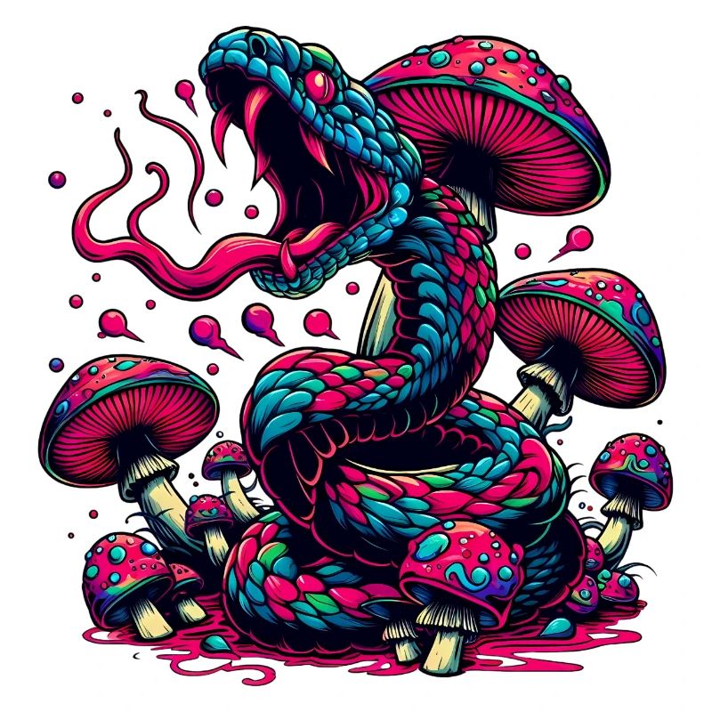 Psychedelic snake with mushrooms