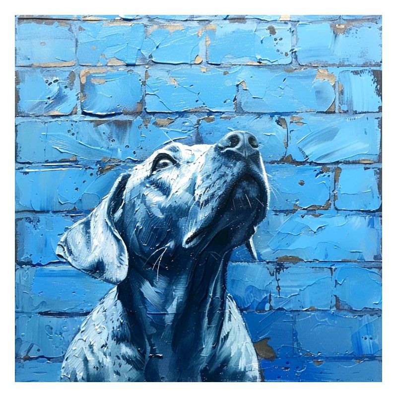 Chien levant fidèlement les yeux devant le mur bleu