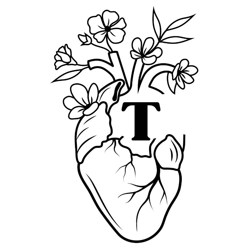 Buchstabe t Herz schwarze florale Anatomie