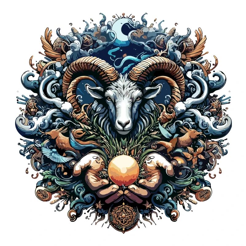 Illustration mystique de bélier et de créatures océaniques