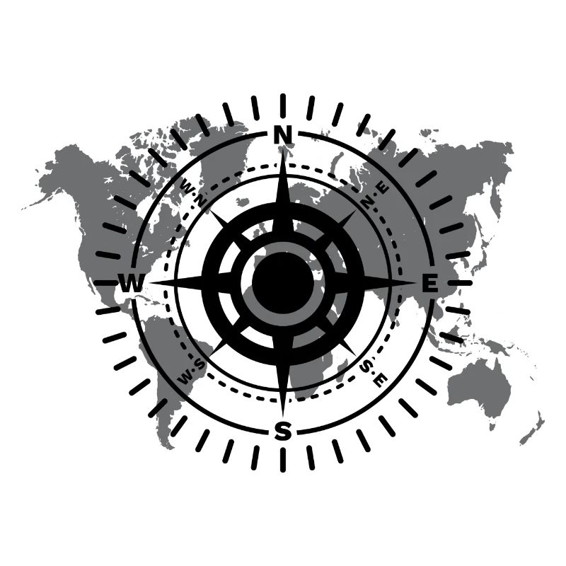 World map with cardinal direction black and white