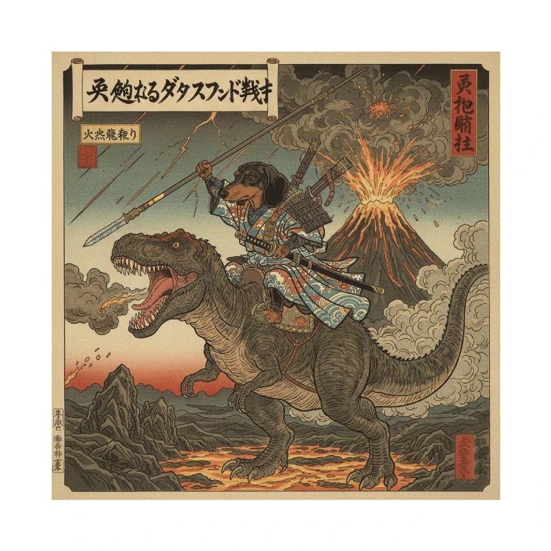 Dachshund Samurai Warrior Riding T-Rex Dinosaur