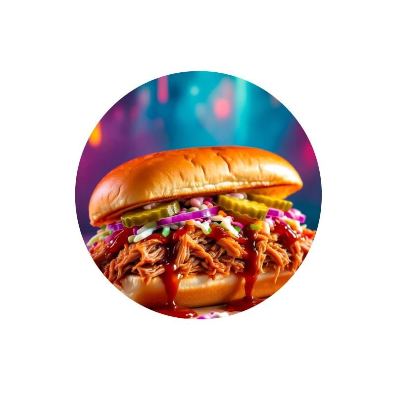 Juicy pulled pork burger surrounded by explosive