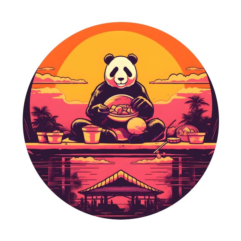 Synthwave mangeant Panda Japon Coucher de soleil