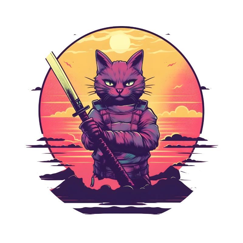 Synthwave samurai Cat sunset