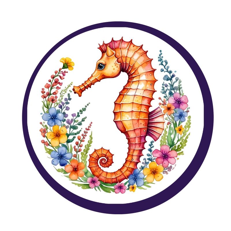 Hippocampe mignon avec des vrilles de fleurs colorées